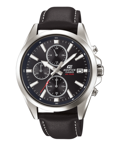 Классические мужские часы с хронографом CASIO EDIFICE EFV-560L-1AVUEF с черным циферблатом на кожаном ремешке, wr100m.
