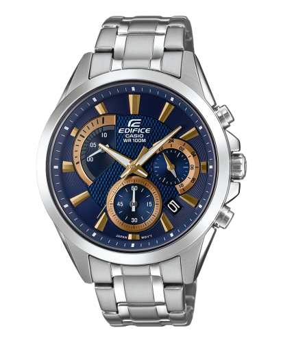 Классические мужские часы хронограф с ретроградом CASIO EDIFICE EFV-580D-2AVUEF синие, акценты IP gold, на браслете, wr100m.