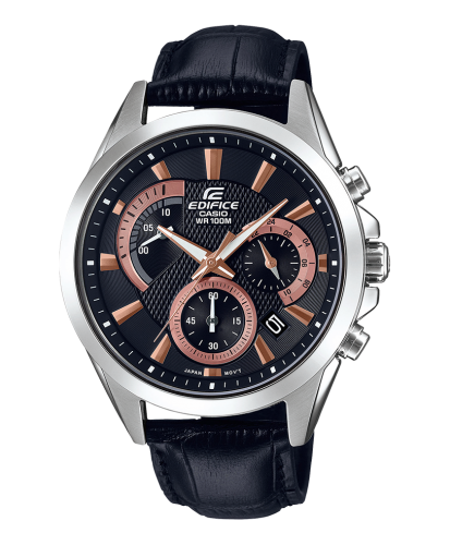 Классические мужские часы хронограф с ретроградом CASIO EDIFICE EFV-580L-1AVUEF черные IP rose gold, кожаный ремень, 100m.