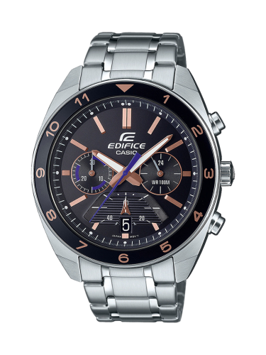 Классические мужские часы с хронографом CASIO EDIFICE EFV-590D-1AVUEF с черным rose gold циферблатом на браслете, wr100m.