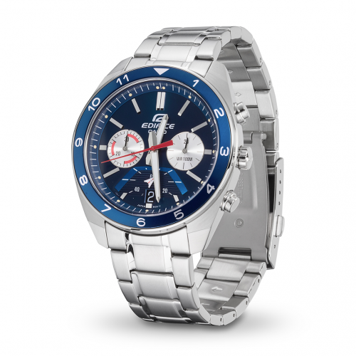 Прочные корпус и браслет часов CASIO EDIFICE EFV-590D-2AVUEF выполнены из нержавеющей стали с синим безелем.