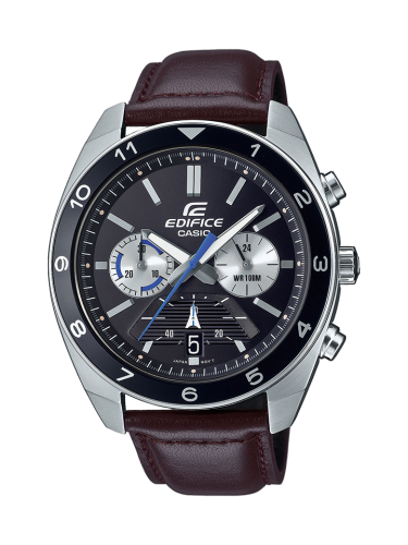 Классический мужской хронограф CASIO EDIFICE EFV-590L-1AVUEF на коричневом кожаном ремне, черный циферблат, wr100m.