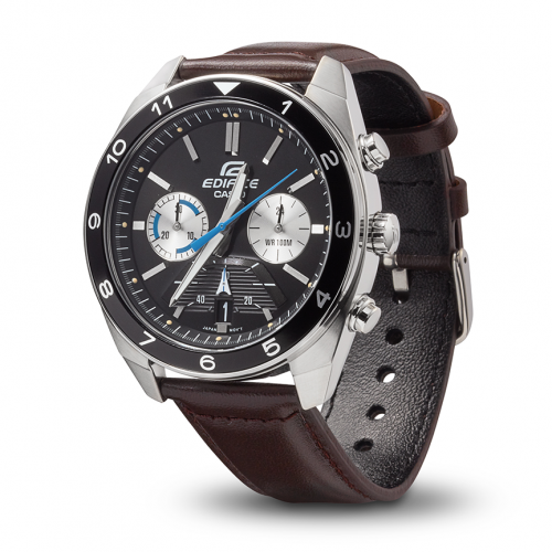 Часы CASIO EDIFICE EFV-590L-1AVUEF имеют корпус из нержавеющей стали с черным безелем и светонакопители на стрелках.