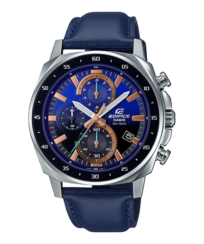 Мужской наручный хронограф CASIO EDIFICE EFV-600L-2AVUEF синий с градиентом на циферблате, кожаный ремень, Neobrite.