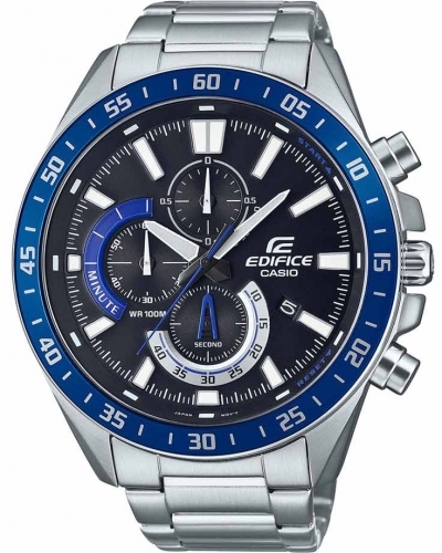 Крупные часы с хронографом CASIO EDIFICE EFV-620D-1A2VUEF черные с синим безелем и датой на стальном браслете, Neobrite, 100m.