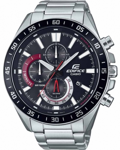Крупный аналоговый хронограф CASIO EDIFICE EFV-620D-1A4VUEF черно-красный с датой, стальной браслет, Neobrite, wr100m.