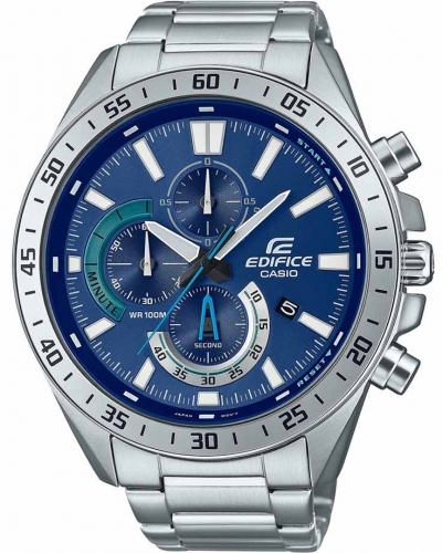 Крупные часы с хронографом CASIO EDIFICE EFV-620D-2AVUEF серебристые с синим циферблатом на браслете, Neobrite, wr100m.