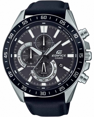 Крупный аналоговый хронограф CASIO EDIFICE EFV-620L-1AVUEF черный с минутной разметкой безеля, кожаный ремень, wr100m.