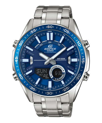 Спортивные аналогово-цифровые часы CASIO EDIFICE EFV-C100D-2AVEF синие на стальном браслете, 10-летняя батарейка, wr100m.