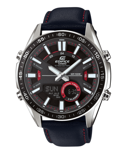 Спортивные аналогово-цифровые часы CASIO EDIFICE EFV-C100L-1AVEF черные на кожаном ремешке, 10-летняя батарейка, wr100m.