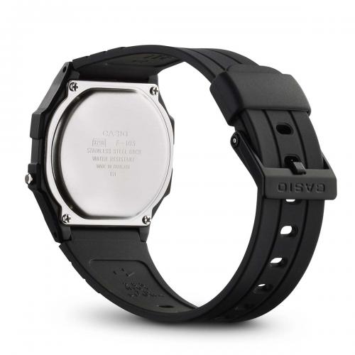 Стальная задняя крышка часов CASIO F-105W-1AWYEF крепится к корпусу с помощью 4 винтов, обеспечивая брызгозащиту.