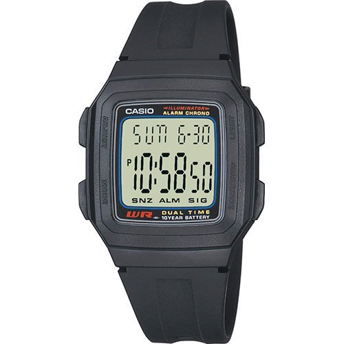 Пластиковые электронные ретро часы CASIO F-201W-1AEF черные с двойным временем и датой, секундомер, 10-летняя батарейка.