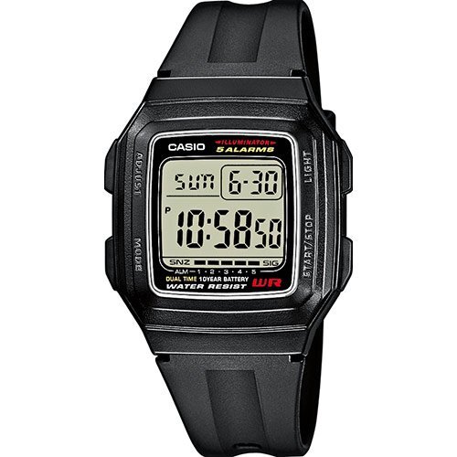 Пластиковые электронные ретро часы CASIO F-201WA-1AEF черные с двойным временем и датой, секундомер, 10-летняя батарейка.