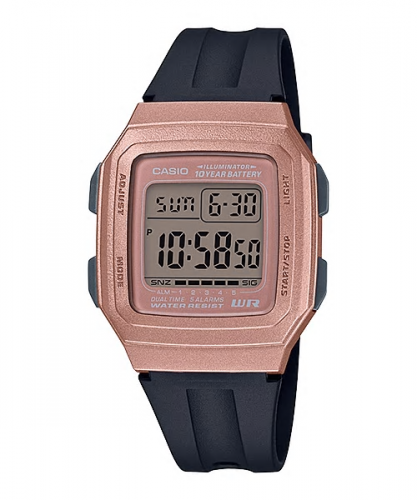 Пластиковые электронные ретро часы CASIO F-201WAM-5AVEF черные rose gold, двойное время, секундомер, 10-летняя батарейка.
