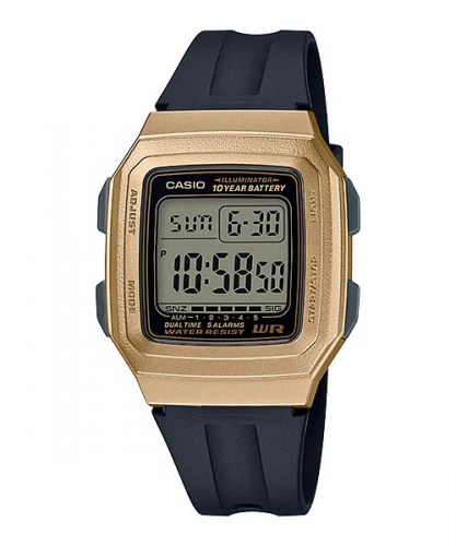 Пластиковые электронные ретро часы CASIO F-201WAM-9AVEF черные gold, дата, двойное время, секундомер, 10-летняя батарейка.