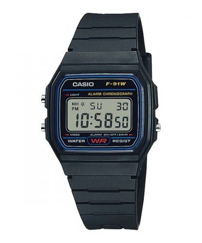 Прямоугольные пластиковые винтажные часы 90-х CASIO F-91W-1YEF черные с датой и секундомером, электронные, подсветка.