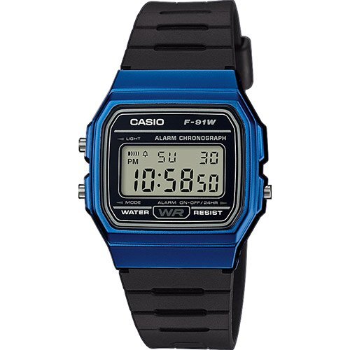 Прямоугольные пластиковые ретро часы 90-х CASIO F-91WM-2AEF черно-синие с датой и секундомером, электронные, подсветка.