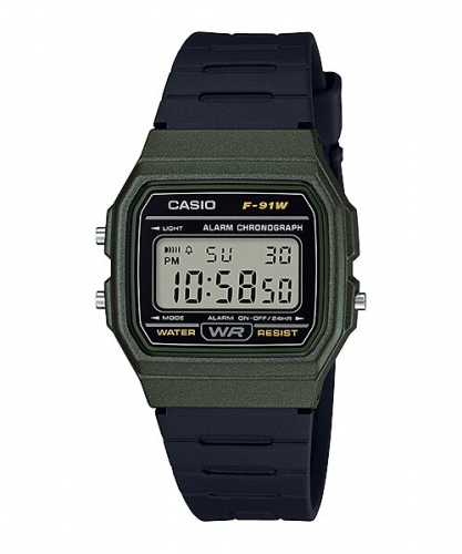 Прямоугольные пластиковые ретро часы 90-х CASIO F-91WM-3AEF черно-зеленые с датой и секундомером, электронные, подсветка.