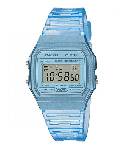 Прямоугольные полупрозрачные ретро часы 90-х CASIO F-91WS-2EF голубые с датой и секундомером, электронные, подсветка.