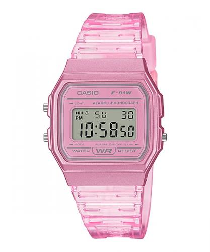Прямоугольные полупрозрачные ретро часы 90-х CASIO F-91WS-4EF розовые с датой и секундомером, электронные, подсветка.