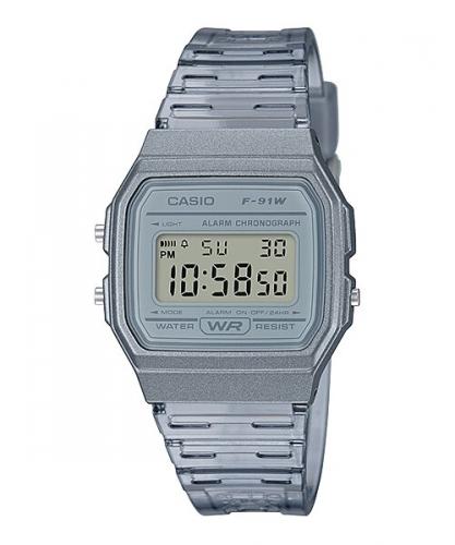 Прямоугольные полупрозрачные ретро часы 90-х CASIO F-91WS-7EF серые с датой и секундомером, электронные, подсветка.