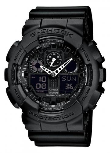 Крупные противоударные антимагнитные часы CASIO G-SHOCK GA-100-1A1ER BlackOut черные, LED-подсветка, Ana-Digi, wr200m.