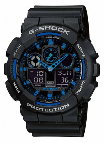 Крупные противоударные антимагнитные часы CASIO G-SHOCK GA-100-1A2ER черно-синие, LED-подсветка, Ana-Digi, wr200m.