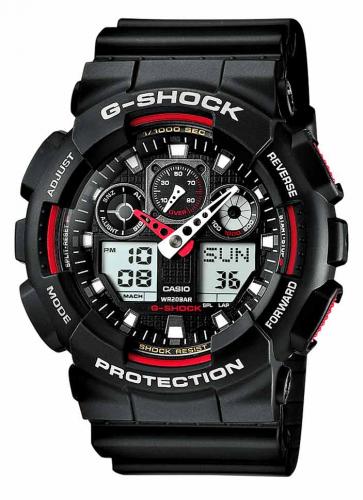 Крупные противоударные антимагнитные часы CASIO G-SHOCK GA-100-1A4ER черно-красные, LED-подсветка, Ana-Digi, wr200m.