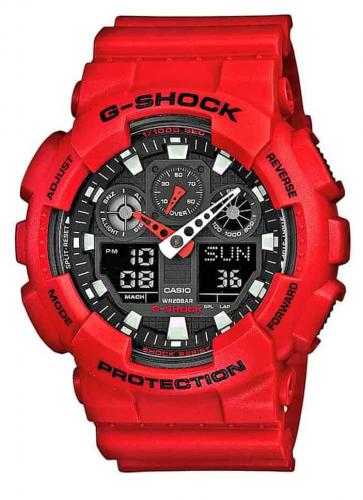 Крупные противоударные антимагнитные часы CASIO G-SHOCK GA-100B-4AER красного цвета, LED-подсветка, Ana-Digi, wr200m.