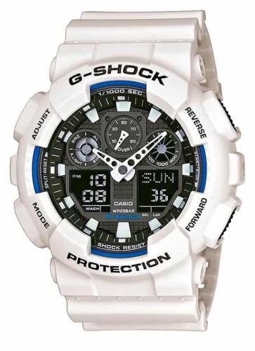 Крупные противоударные антимагнитные часы CASIO G-SHOCK GA-100B-7AER белого цвета, LED-подсветка, Ana-Digi, wr200m.