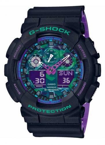 Противоударные часы CASIO G-SHOCK GA-100BL-1AER «’90s Color Blue&Purple Accent» Joker, камуфляжный циферблат, wr200m.