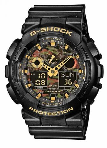 Противоударные часы CASIO G-SHOCK GA-100CF-1A9ER «Camouflage Face» циферблат камуфляж, Anti-Magnetic, Ana-Digi, wr200m.