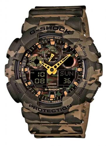 Противоударные антимагнитные часы CASIO G-SHOCK GA-100CM-5AER «Camouflage» c лесным камуфляжем, Ana-Digi, wr200m.