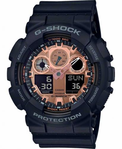 Крупные противоударные антимагнитные часы CASIO G-SHOCK GA-100MMC-1AER Black and Rose Gold (MMC) LED, Ana-Digi, wr200m.