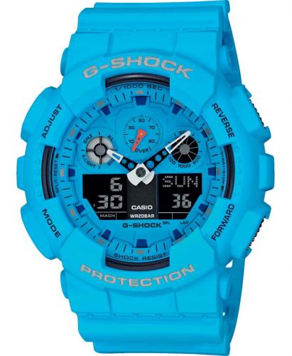 Крупные противоударные антимагнитные часы CASIO G-SHOCK GA-100RS-2AER Rock Music синего цвета, LED, Ana-Digi, wr200m.
