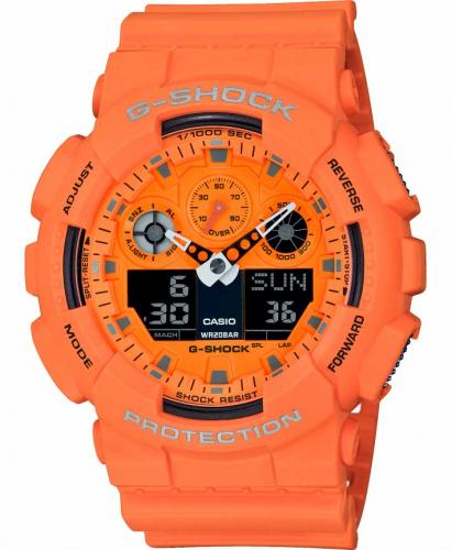 Крупные противоударные антимагнитные часы CASIO G-SHOCK GA-100RS-4AER Rock Music оранжевые, LED, Ana-Digi, wr200m.