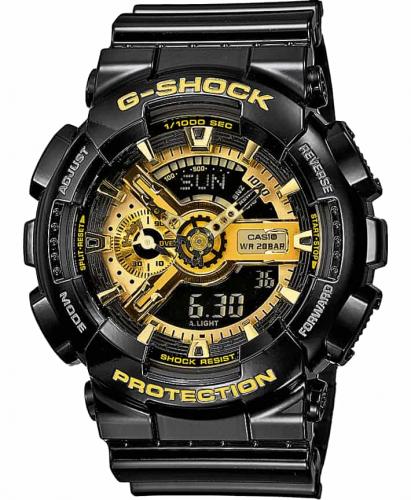 Крупные противоударные антимагнитные часы CASIO G-SHOCK GA-110GB-1AER «Silento - Watch Me» черные, циферблат gold, Ana-Digi.