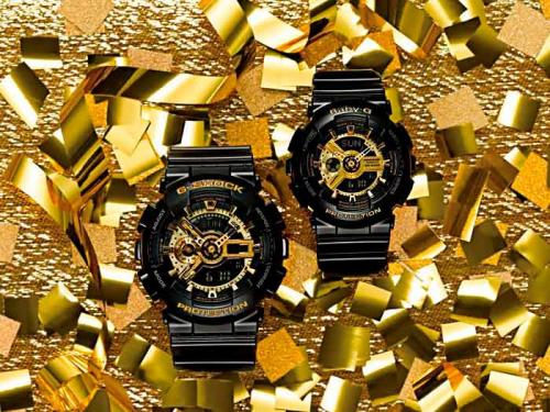 Парные часы G-SHOCK GA-110GB-1AER & BABY-G BA-110-1AER из глянцево-черного полиуретана с элементами желтого золота.