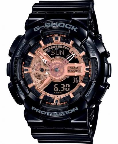 Крупные противоударные антимагнитные часы CASIO G-SHOCK GA-110MMC-1AER Black and Rose Gold (MMC) LED, Ana-Digi, wr200m.