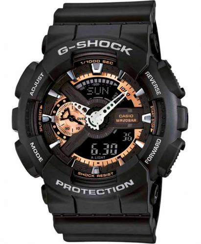 Крупные противоударные антимагнитные часы CASIO G-SHOCK GA-110RG-1AER черные, циферблат rose gold, LED, Ana-Digi, wr200m.