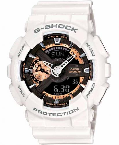 Крупные противоударные антимагнитные часы CASIO G-SHOCK GA-110RG-7AER белые, циферблат rose gold, LED, Ana-Digi, wr200m.