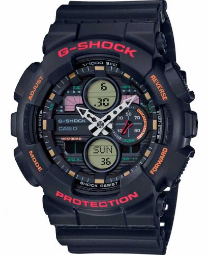 Противоударные антимагнитные часы CASIO G-SHOCK GA-140-1A4ER черные с цветными акцентами в стиле ретро 90-х, Ana-Digi 200m.