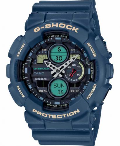 Противоударные антимагнитные часы CASIO G-SHOCK GA-140-2AER в синем цвете стиля ретро 90-х, Auto LED, Ana-Digi, wr200m.