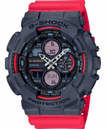 Противоударные антимагнитные часы CASIO G-SHOCK GA-140-4AER серые с красным ремнем стиля ретро 90-х, Ana-Digi, wr200m.