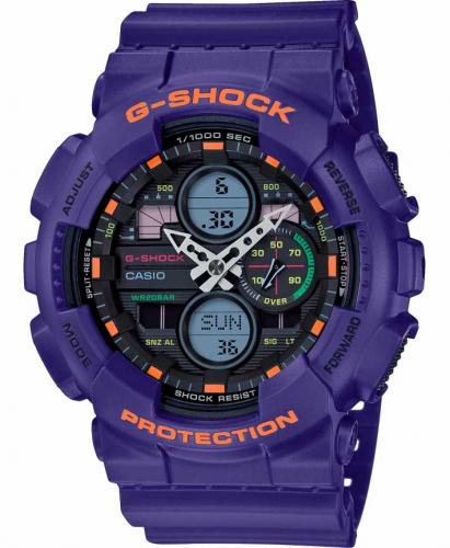 Противоударные антимагнитные часы CASIO G-SHOCK GA-140-6AER Joker фиолетовые в стиле ретро 90-х, Auto LED, Ana-Digi, wr200m.
