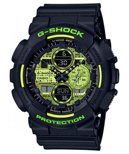 Противоударные часы в стиле ретро CASIO G-SHOCK GA-140DC-1AER Digital Camouflage черные с салатовым циферблатом, wr200m.