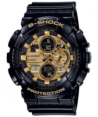 Противоударные часы в стиле ретро 90-х CASIO G-SHOCK GA-140GB-1A1ER черные с Ana-Digi циферблатом metallic gold, wr200m.