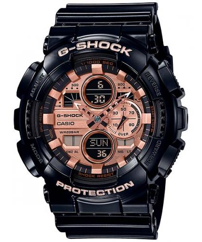 Противоударные часы в стиле ретро CASIO G-SHOCK GA-140GB-1A2ER черные с Ana-Digi циферблатом metallic rose gold, LED wr200m.