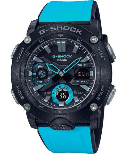 Карбоновые противоударные часы CASIO G-SHOCK GA-2000-1A2ER черно-синие, двухслойный ремень, LED, Ana-Digi, wr200m.