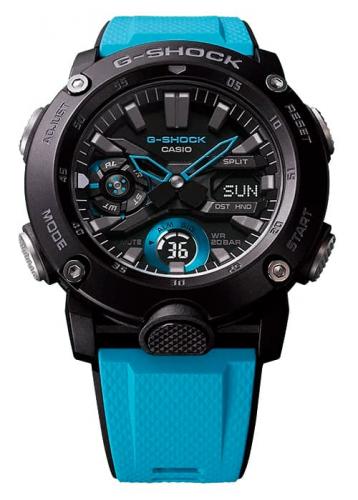 Рифленая кнопка LED-подсветки вынесена на переднюю панель корпуса часов CASIO G-SHOCK GA-2000-1A2ER.